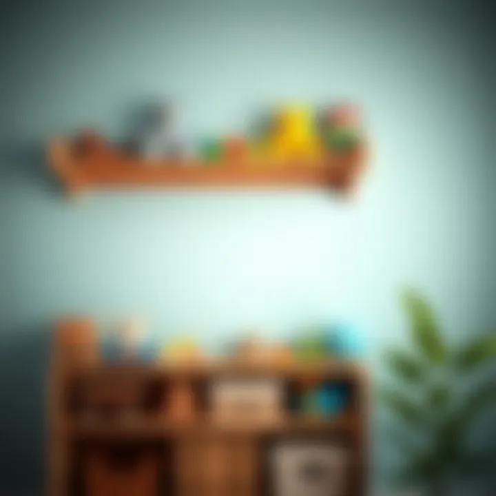 Wooden wall shelf with toys arranged neatly