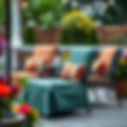 Colorful outdoor chair covers displayed on patio furniture