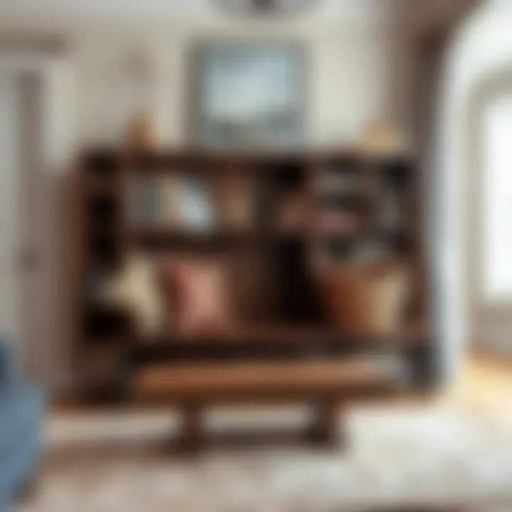 Rustic Charm: Bookshelf Bench Combo Rustic bookshelf and bench combination in cozy living room