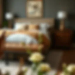 Elegant brown leather bench at the foot of a beautifully designed bed, complementing the bedroom decor