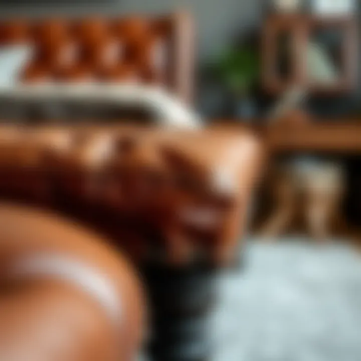 Rich Texture of Brown Leather Bench Close-up of the rich texture and craftsmanship of a brown leather end of bed bench