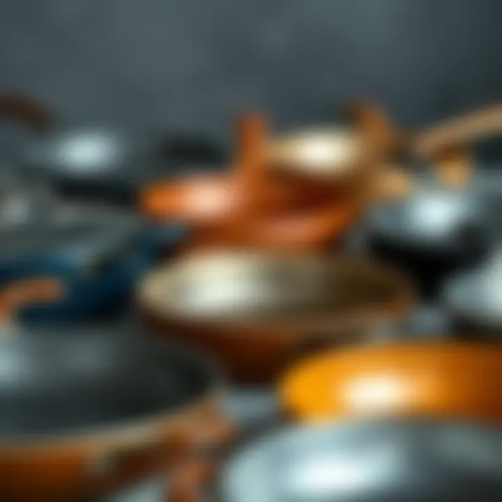 Diverse Materials of Sauté Pans An array of sauté pans made from different materials, highlighting their unique textures and finishes.