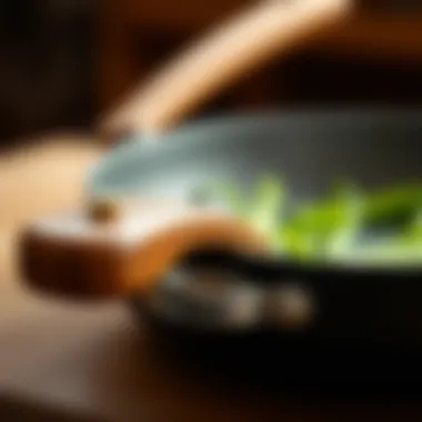 Comfortable Handle Design A close-up of a sauté pan's handle showing its comfortable grip and design.
