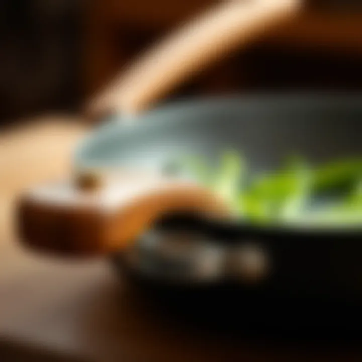 Comfortable Handle Design A close-up of a sauté pan's handle showing its comfortable grip and design.