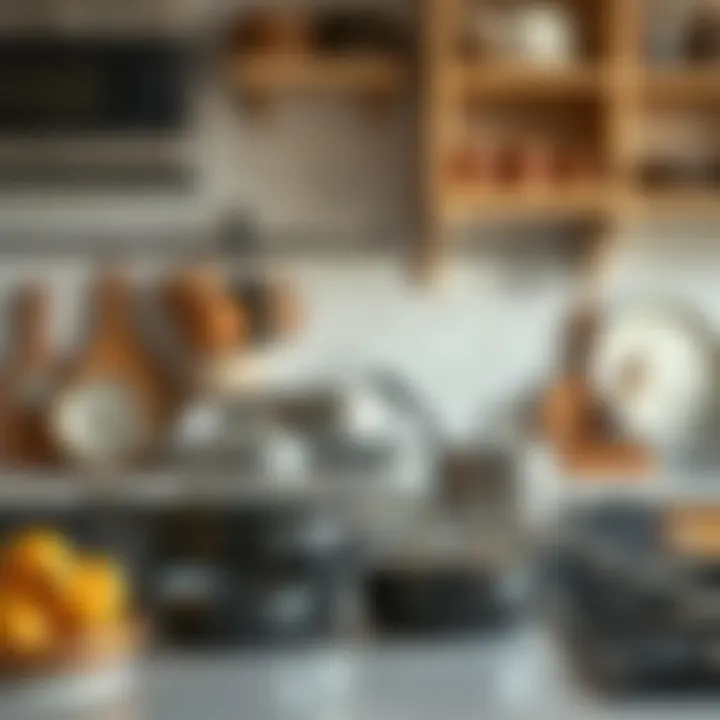 Organized Kitchen with Sauté Pans A well-organized kitchen with sauté pans of various sizes arranged neatly on a countertop.