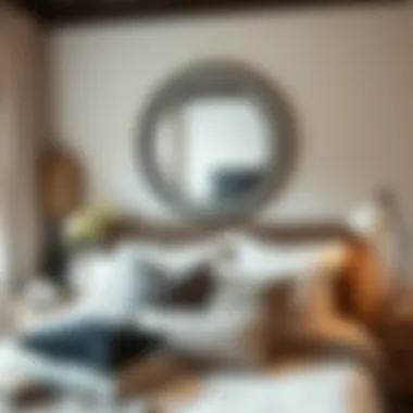 Cozy Bedroom Elegance Cozy bedroom decorated with a black-framed circle mirror over the bed.