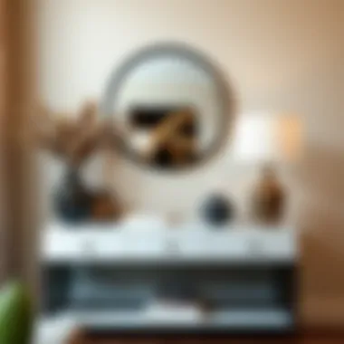 Stylish Console Table Display Stylish interior showcasing a black-framed circle mirror above a console table.
