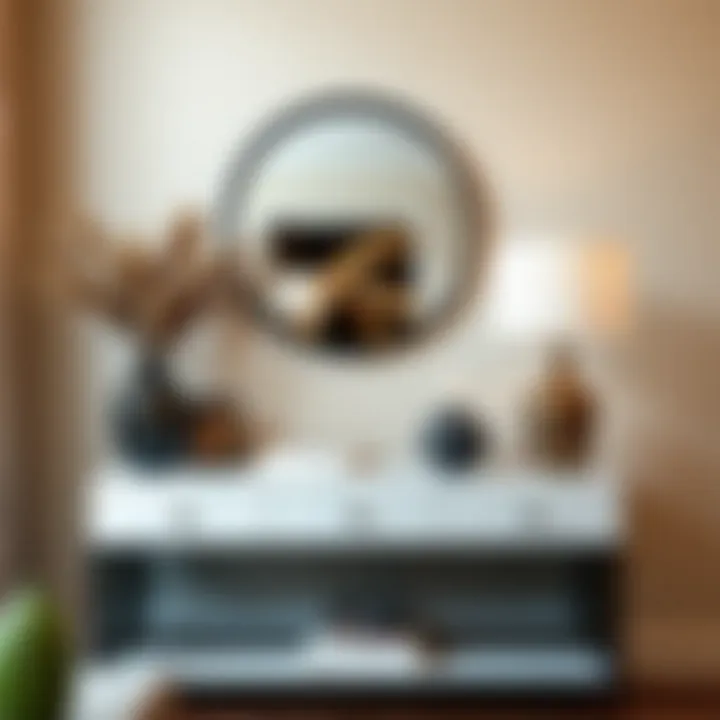 Stylish Console Table Display Stylish interior showcasing a black-framed circle mirror above a console table.
