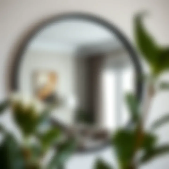 Elegant Reflection of Style Elegant circular mirror with a black frame reflecting an interior space.