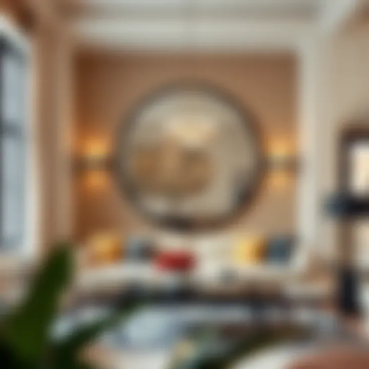 Chic Living Room Statement Chic living room featuring a large black-framed circle mirror.