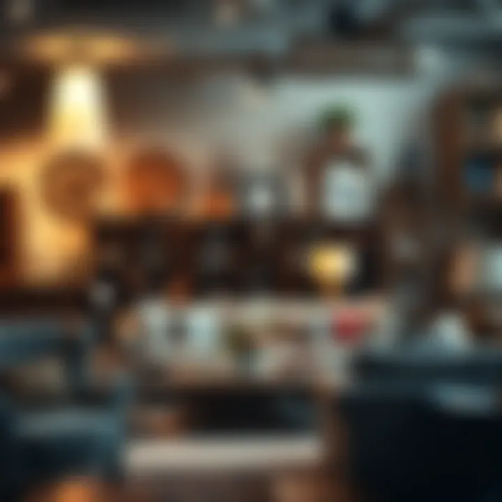 Rustic furniture store interior with wooden decor