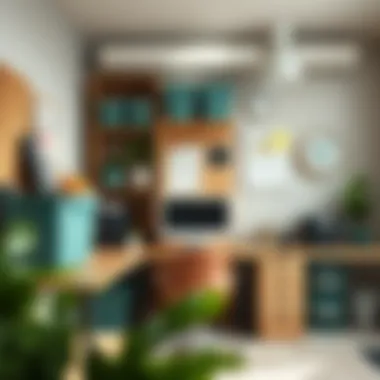 Efficient Workspace with Functional Storage Organized workspace featuring 8-inch tall storage bins for efficient use of space