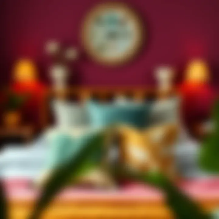 Vibrant Bedroom Adorned with Decorative Pillows Decorative plant leaf pillows displayed in a vibrant bedroom