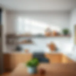 Stylish deep floating shelves showcasing kitchen organization