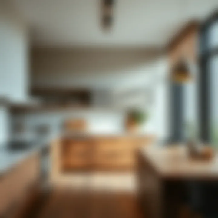 Various material choices for long kitchen cabinets