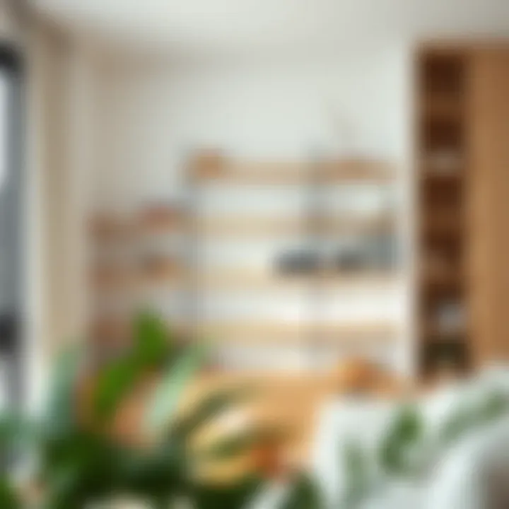 Minimalist Interior with Light Oak Shelves Light oak wood shelves arranged in a minimalist interior