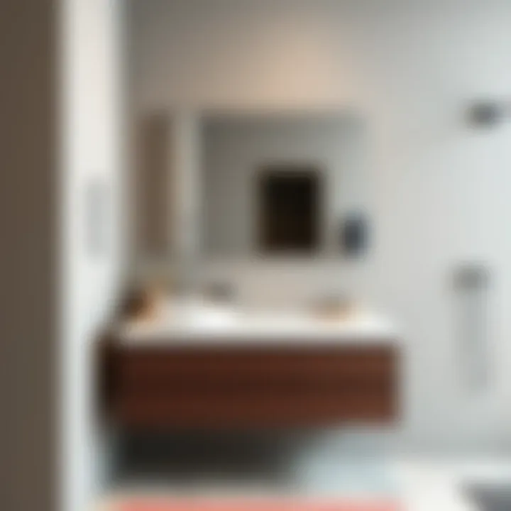 Minimalistic bathroom vanity featuring integrated storage