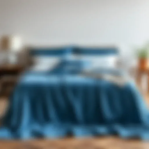 Elegant blue bedspread draped over a modern bed frame