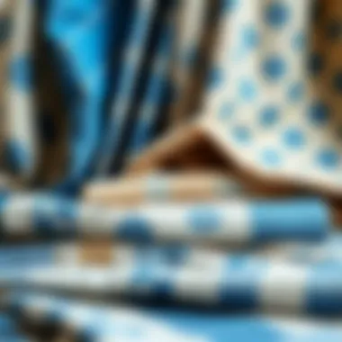 Collection of Fabrics Featuring Blue and Beige Patterns Variety of fabrics showcasing blue and beige patterns