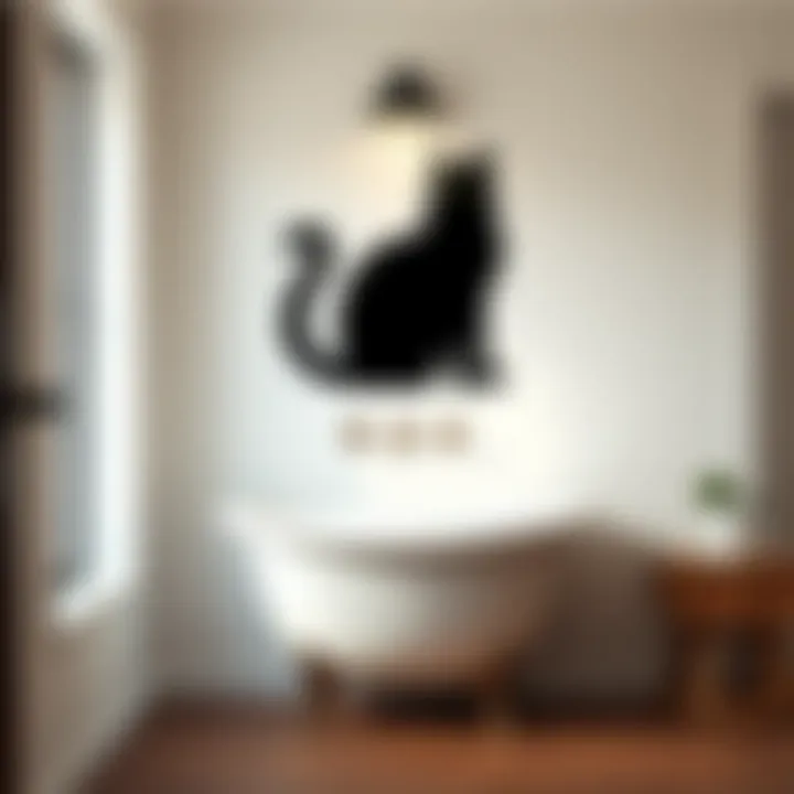 Whimsical Cat Silhouette A whimsical cat silhouette art piece on a bathroom wall