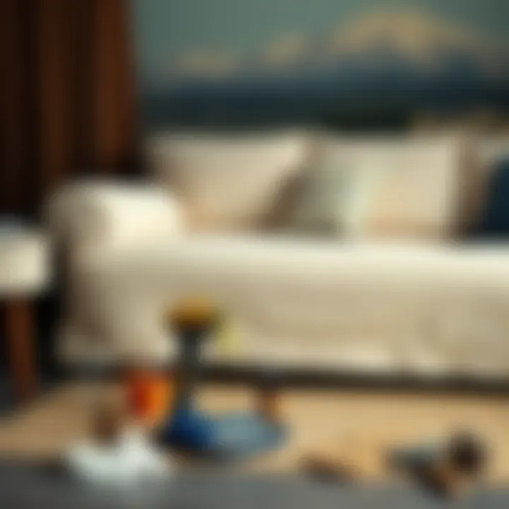 Maintenance tools beside a chenille slipcover on a loveseat