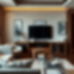 Elegant corner entertainment center showcasing a 75-inch TV in a stylish living room.