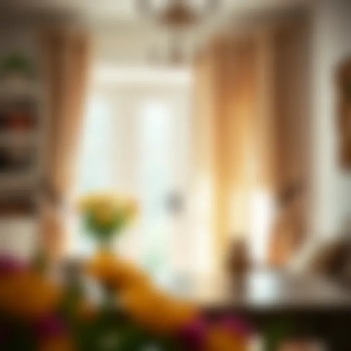 Brightly lit room featuring tab top curtains in a cottage setting