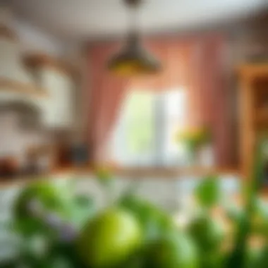 Country-style kitchen adorned with tab top curtains