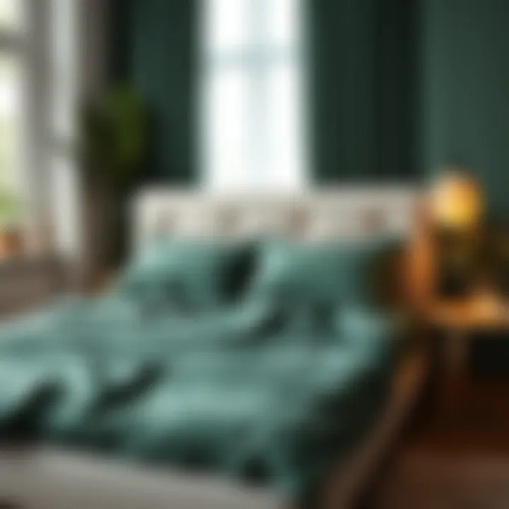 Calming Relaxation Environment Calming bedroom environment with dark green sheets promoting relaxation