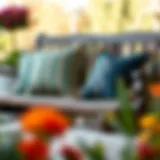 Luxurious throw pillows on a rustic outdoor bench