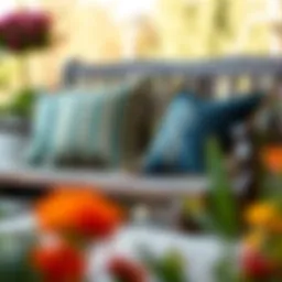 Luxurious throw pillows on a rustic outdoor bench