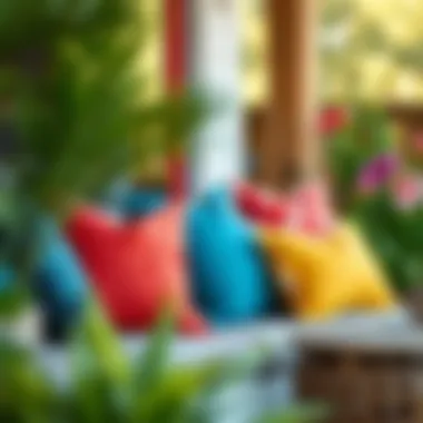 Vibrant Arrangement of Throw Pillows Enhancing Outdoor Decor A vibrant arrangement of throw pillows enhancing outdoor decor