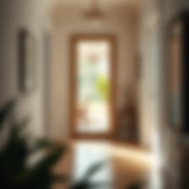 Floor length mirror enhancing natural light in a bright hallway