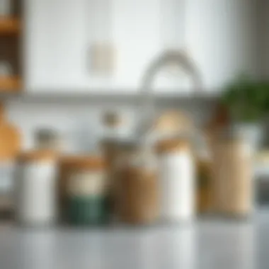 Ceramic and Metal Spice Jar Collection Beautifully arranged collection of ceramic and metal spice jars on a countertop, emphasizing style and organization.