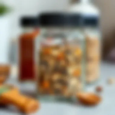 Close-Up of a Glass Spice Jar Close-up of a 2 oz. glass spice jar filled with colorful spices, highlighting its clear design and labeling.