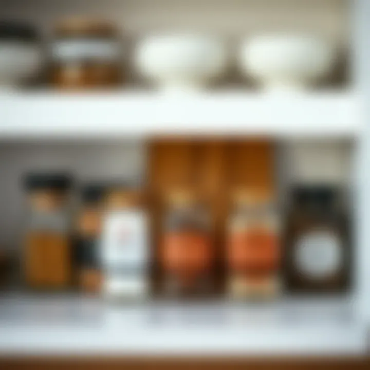 Elegant Spice Jar Display Elegant display of various small spice jars arranged on a kitchen shelf, showcasing different designs and materials.