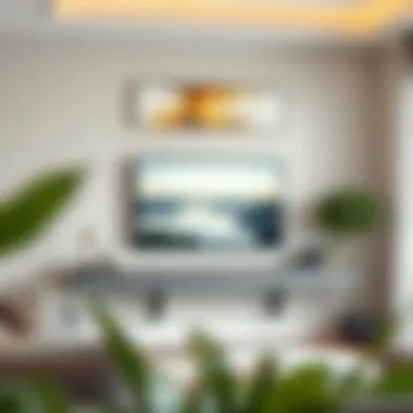 Integration with Contemporary Wall Art Gray floating TV shelf integrated with contemporary wall art