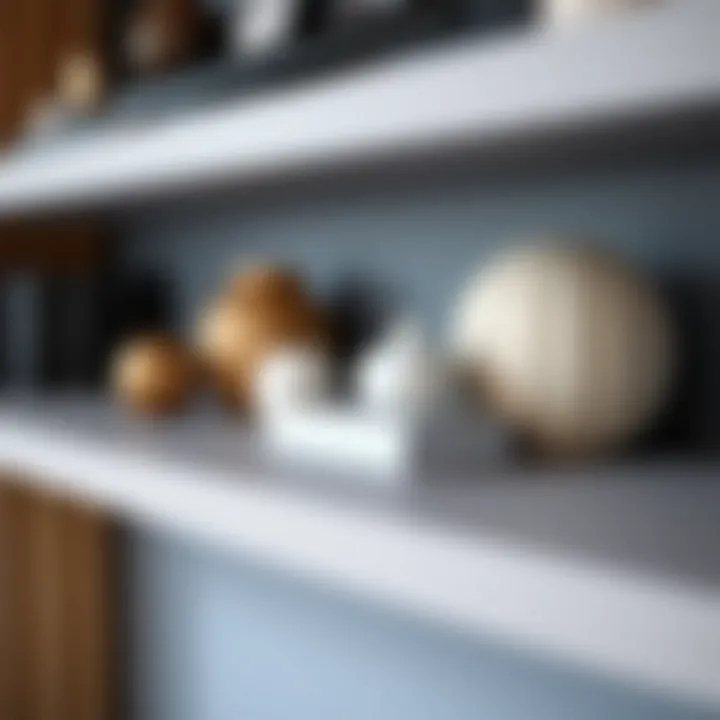 Decorative Display on Gray Floating Shelf Close-up of gray floating shelf showcasing decorative items