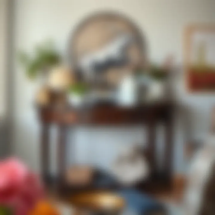 Half round console table decorated with eclectic accessories