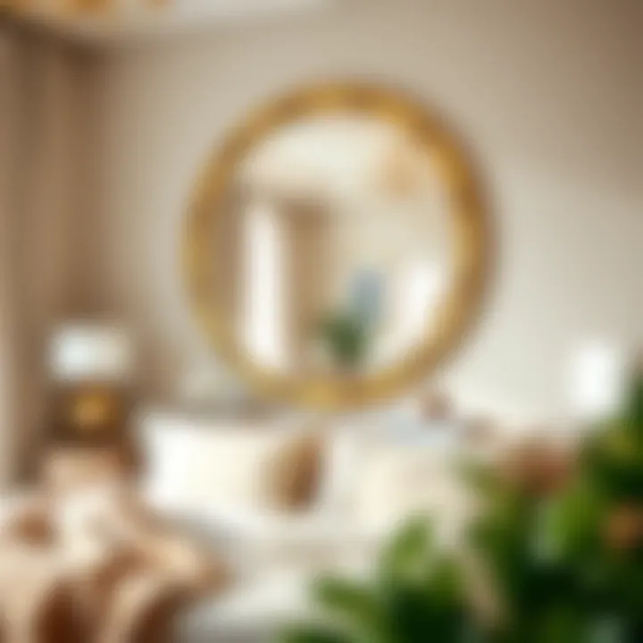 Luxurious Round Mirror in Chic Bedroom Luxurious round mirror reflecting light in a chic bedroom