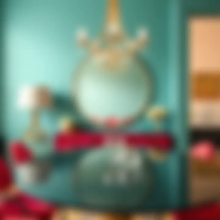 Artfully Placed Round Mirror in Vibrant Dining Area Artfully placed round mirror in a vibrant dining area