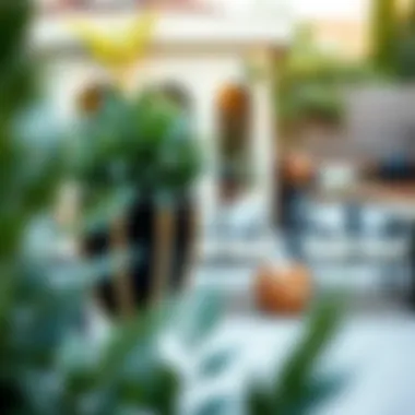 Stylish large black and gold planter on a patio with outdoor decor