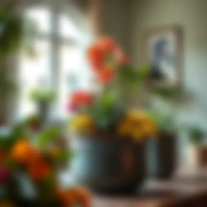 A beautifully arranged large metal plant container with vibrant plants