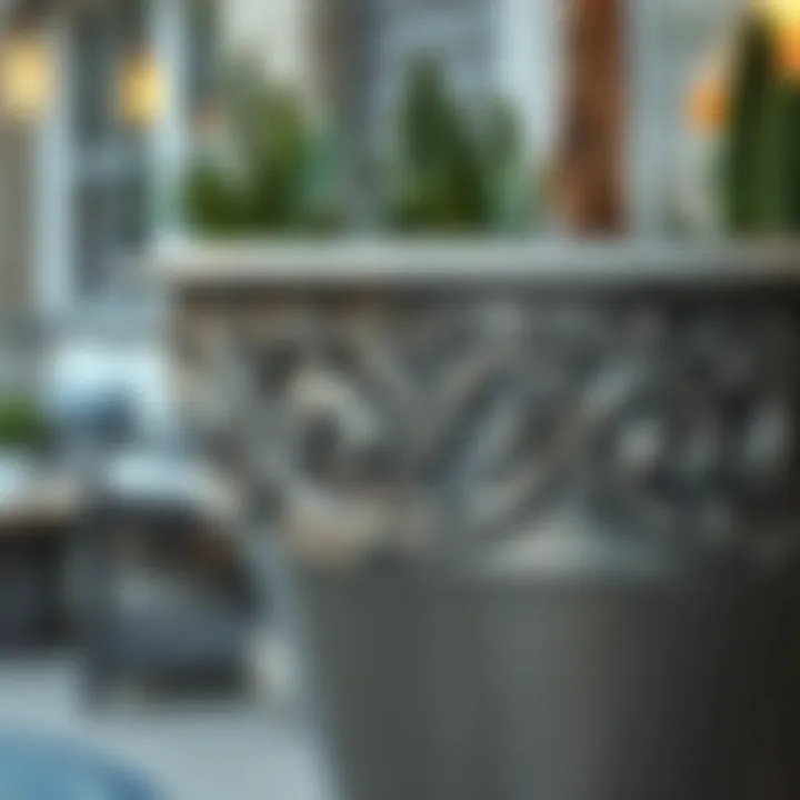 Intricate Design of a Silver Outdoor Planter Close-up view of a large silver planter with intricate design details