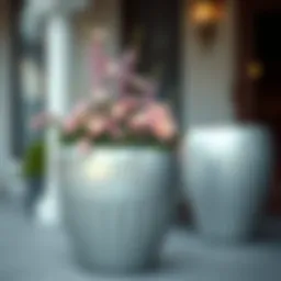 Elegant large silver outdoor planter showcasing a lush arrangement of flowers