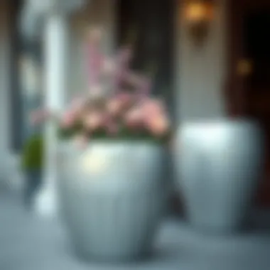 Elegant Silver Planter with Floral Arrangement Elegant large silver outdoor planter showcasing a lush arrangement of flowers