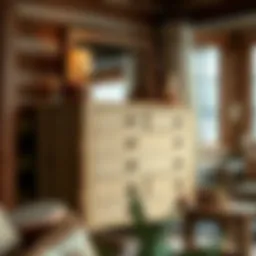 Elegant log dresser in a rustic home setting with warm lighting