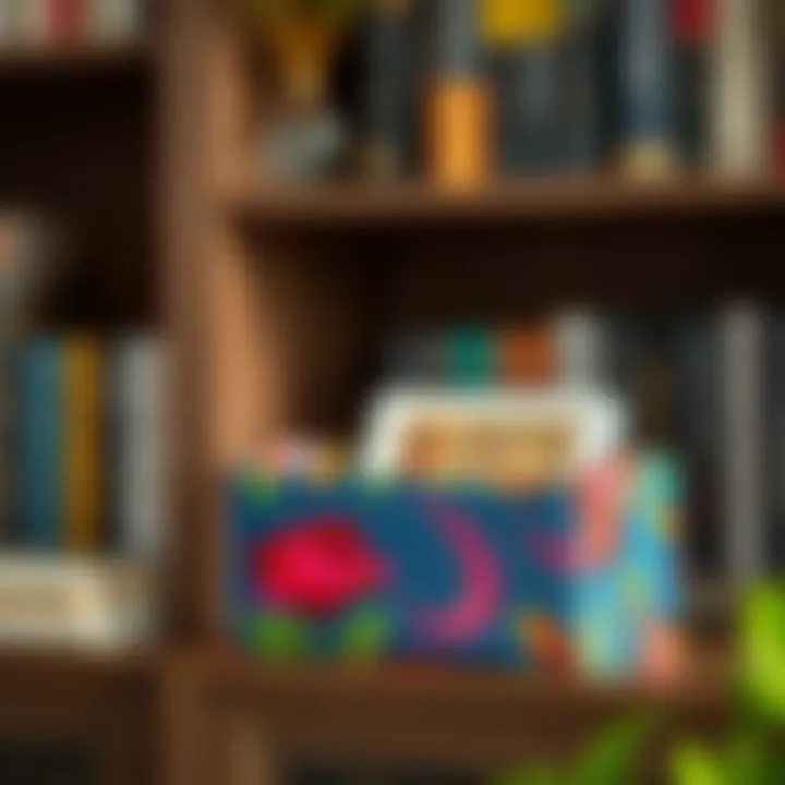 Vibrant Fabric-Covered Magazine Box Colorful fabric-covered magazine box on a stylish bookshelf