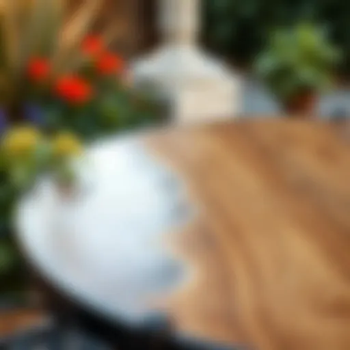 Sophisticated metal patio table designed to resemble natural wood grain