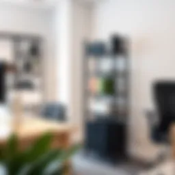 A sleek 5-tier storage rack in a modern office environment, showcasing its aesthetic appeal and organizational capabilities.